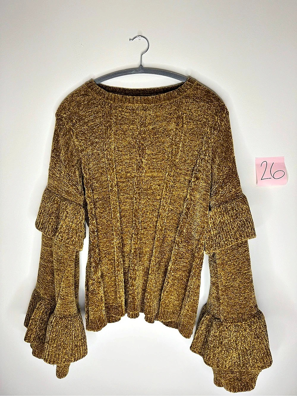 Chelsea & Theodore Ruffle Bell Sleeve Sweater in a mustard yellow size large